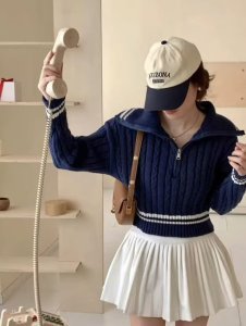 The Cozy Chic Collection: Varsity Crop Cable-Knit Sweater | Viral Half-Zip Sweater | Trendy Collar Crop Cable Knit Top | Preppy Quarter-Zip Knitwear