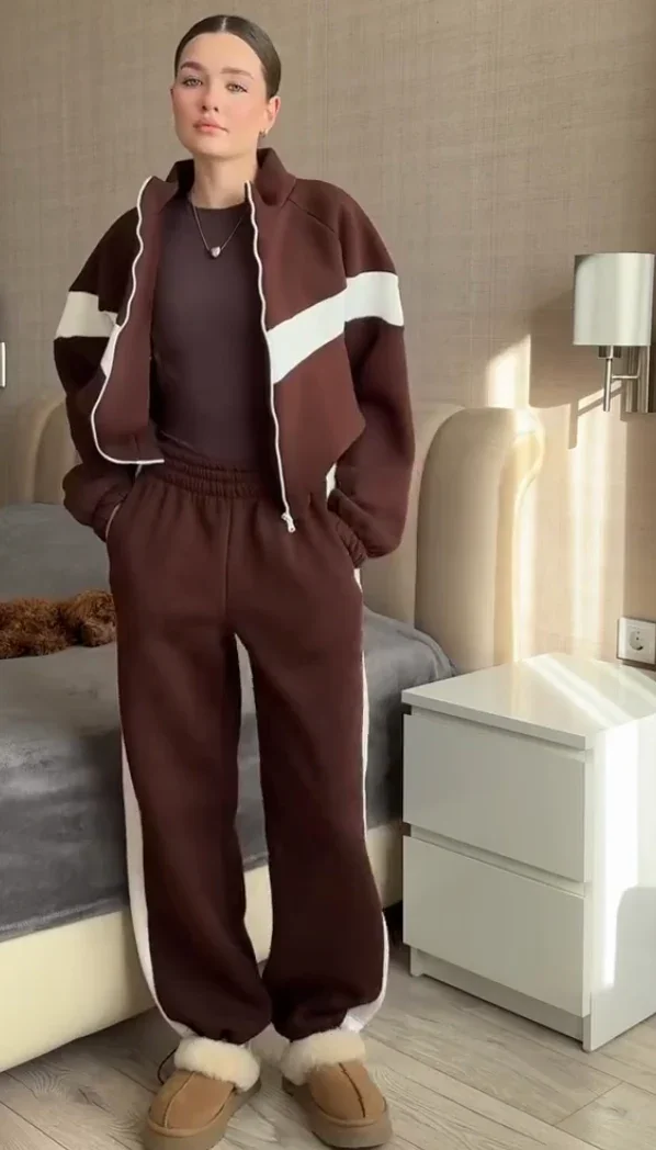 Striped Coffee Fleece Cropped oversized hoodie Co-ord Set.