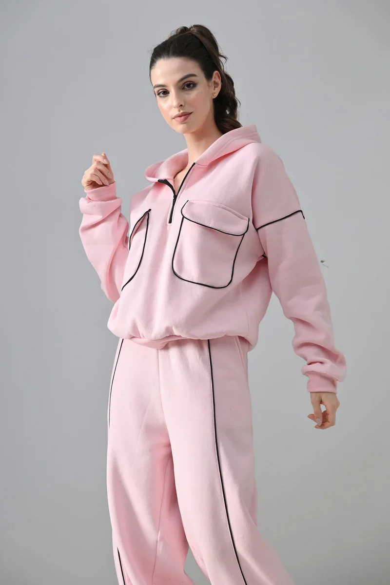Piping detailed Pink Fleece oversized hoodie Co-ord Set.
