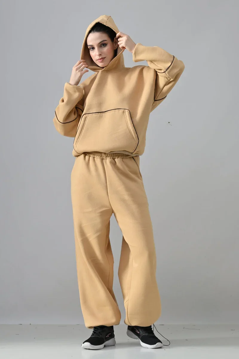 Piping detailed Beige Fleece oversized hoodie Co-ord Set.