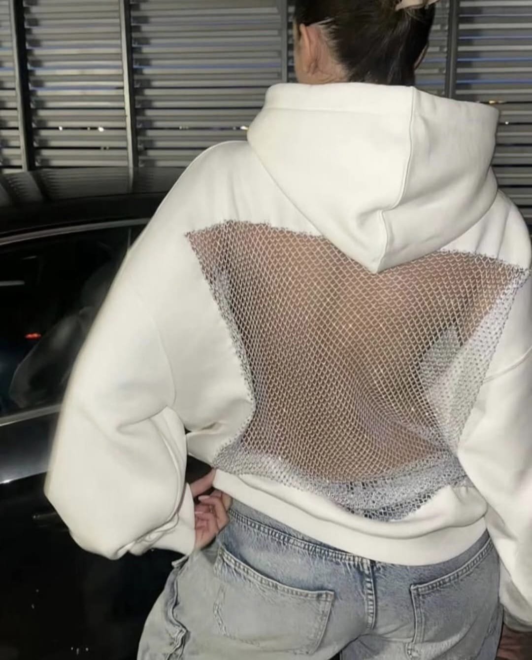 Crystal Mesh Backless Hoodie | Rhinestone Mesh Back Hoodie