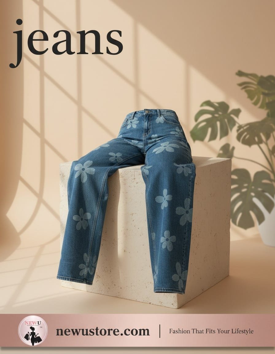 NewU Women’s Indigo Blue Floral Print Straight-Leg Denim Jeans