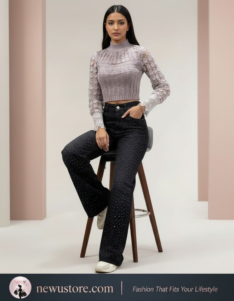 NewU Women's Luxe Black Rhinestone Embellished Wide-Leg Jeans