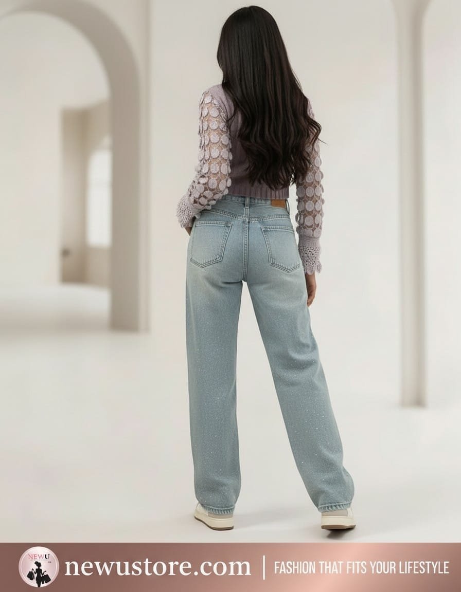 NewU Women's Light Wash Shimmer Crystal Straight Fit Jeans