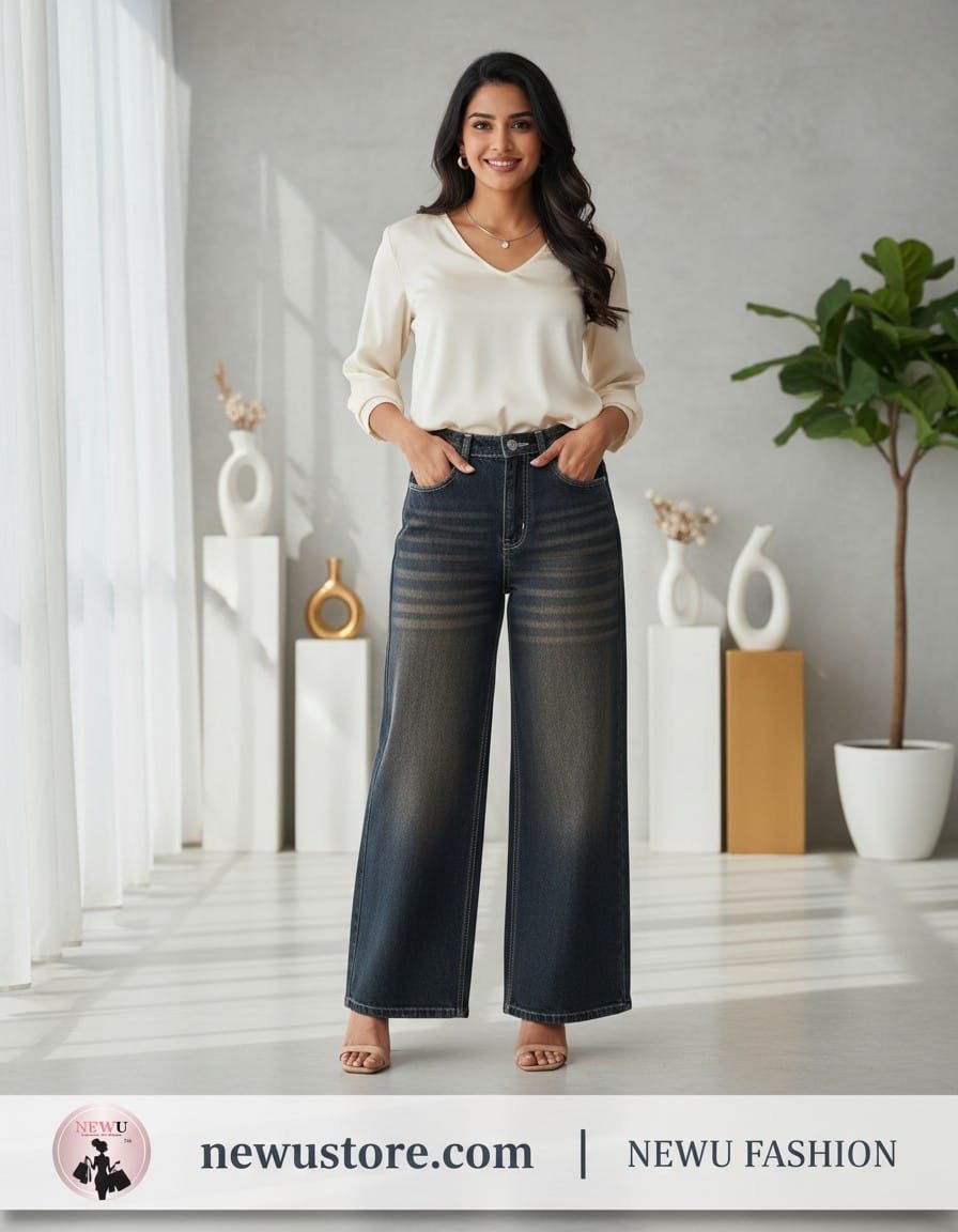 NewU Women’s Vintage Tinted High-Rise Wide-Leg Denim Jeans