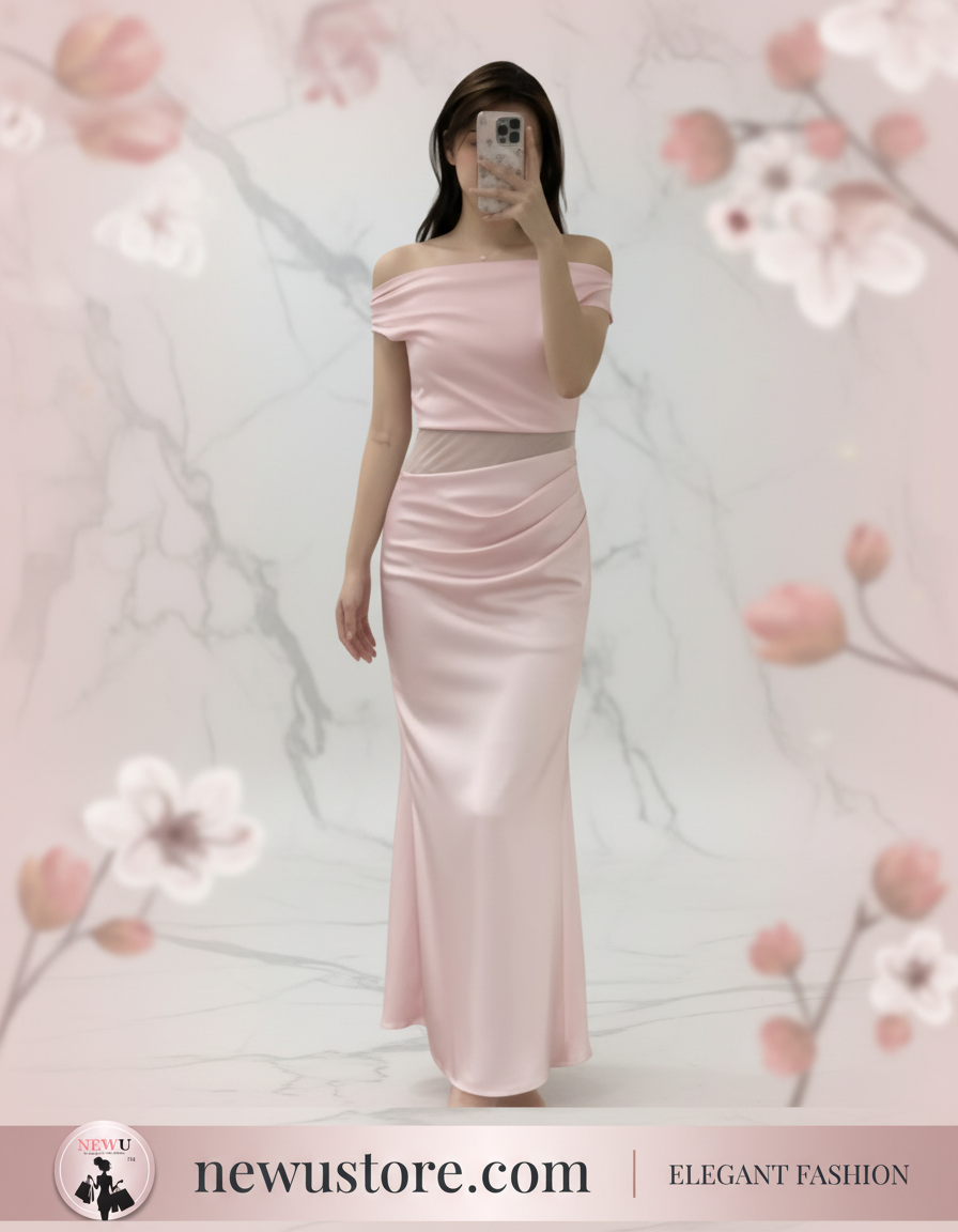 Blush Pink Off-Shoulder Satin Maxi Dress with Mesh Waist Detail