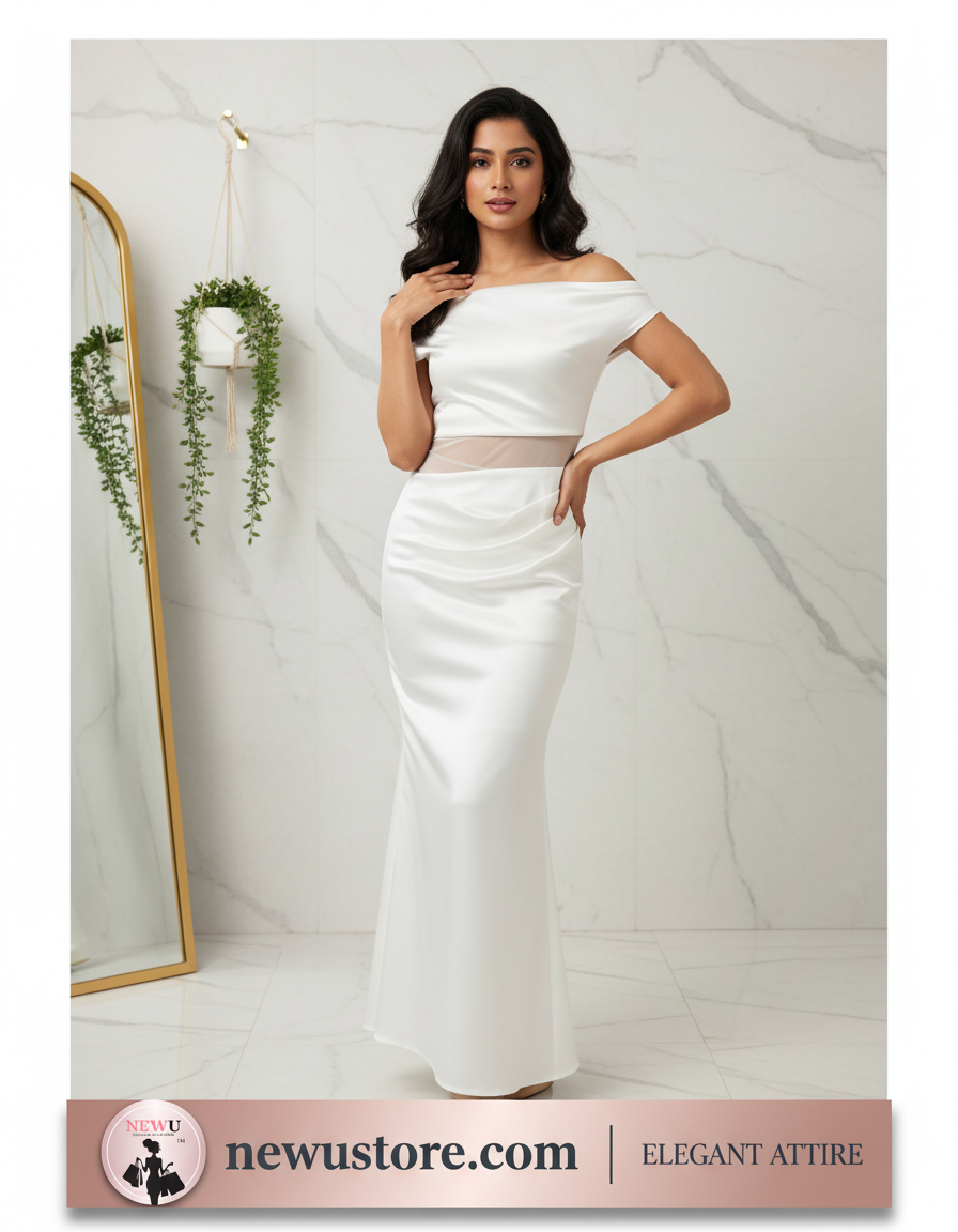 Blush WhiteOff-Shoulder Satin Maxi Dress with Mesh Waist Detail