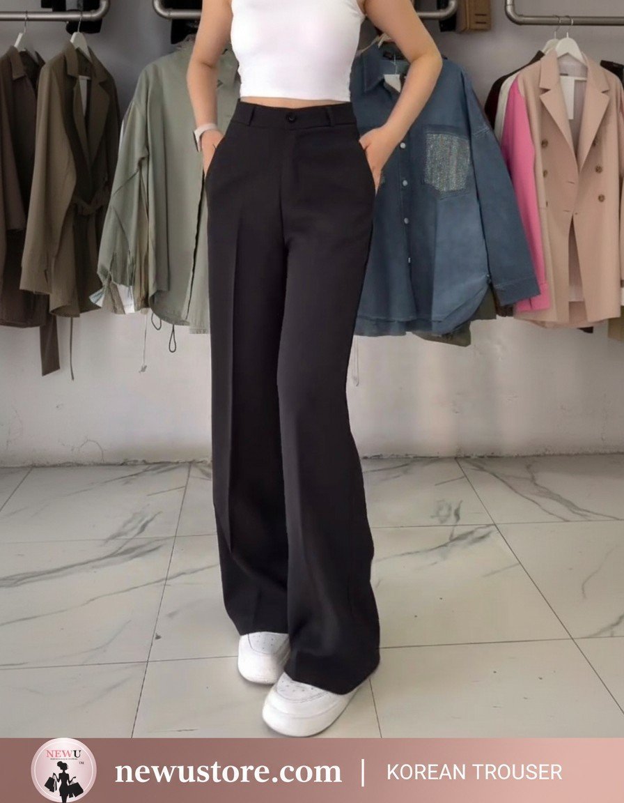 Women's Dark Black High-Waisted Wide Leg Trousers - Premium Tailored Fit